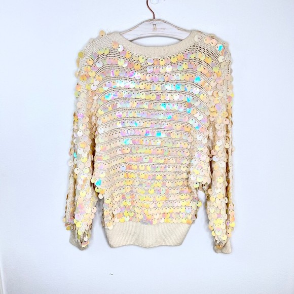 Vintage Semplice Pailette Sequin Dolman Sleeve Cream Sweater 1980s 80s Medium - Picture 3 of 5